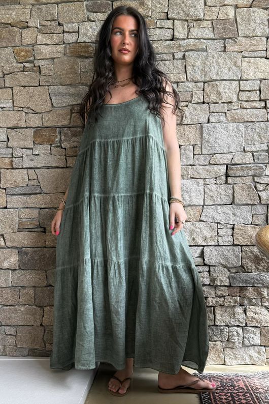 Lenni Cotton Tiered Dress Washed Khaki